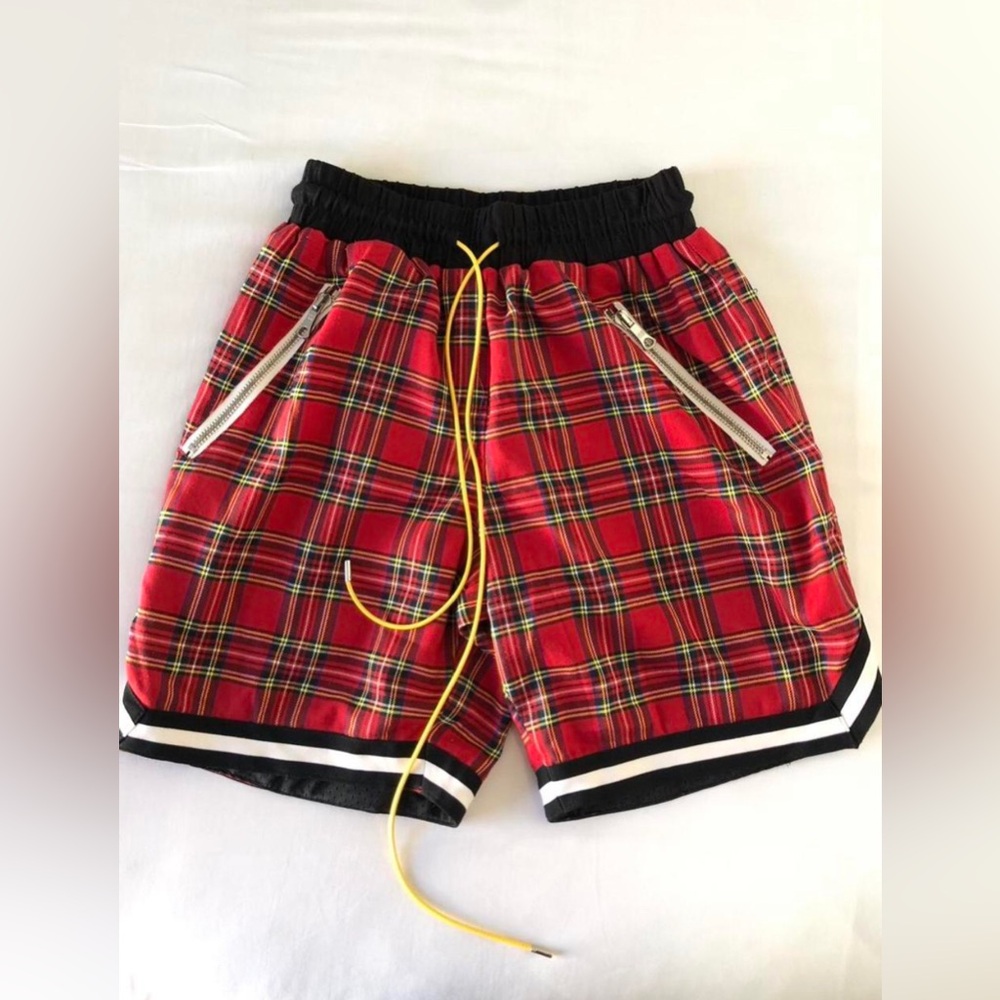 Rhude Red Plaid Athletic Shorts with Black Waistband